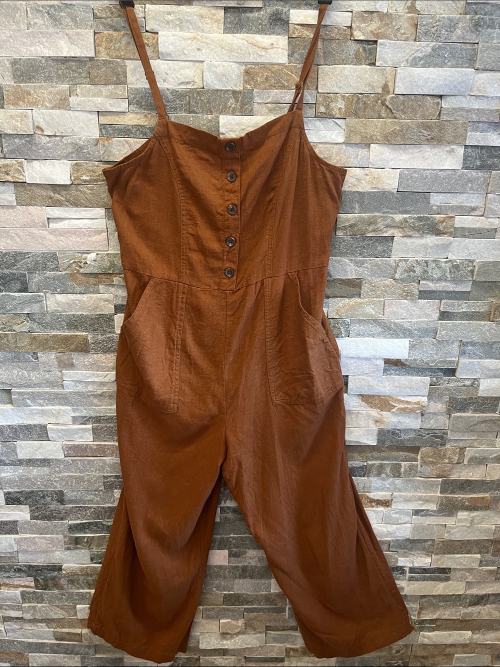 Old Navy Rust-Brown Wide-Leg Linen-Blend Jumpsuit with Buttons